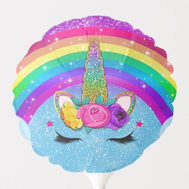 Rainbow Sparkle Glittery Unicorn Horn Face Party Balloon