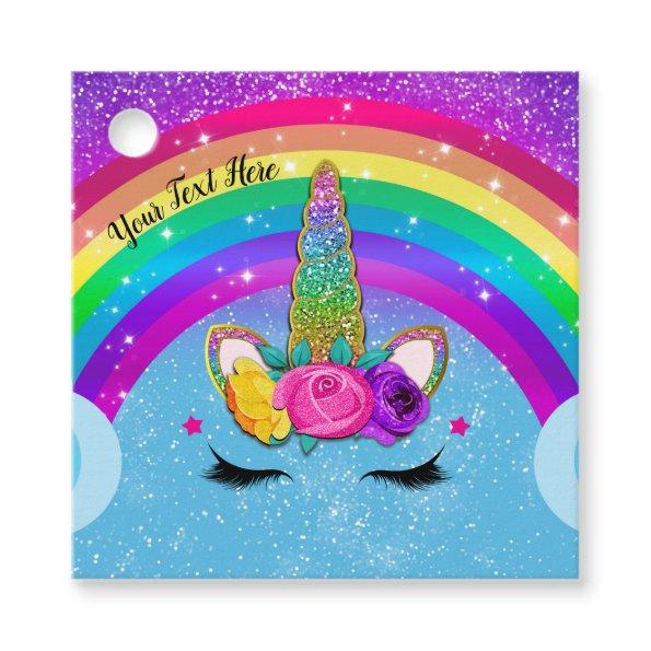 Rainbow Sparkle Glittery Unicorn Horn Face Party Favor Tags