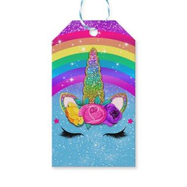Rainbow Sparkle Glittery Unicorn Horn Face Party Gift Tags