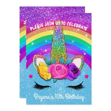 Rainbow Sparkle Glittery Unicorn Horn Face Party Invitations