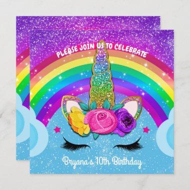 Rainbow Sparkle Glittery Unicorn Horn Face Party Invitations