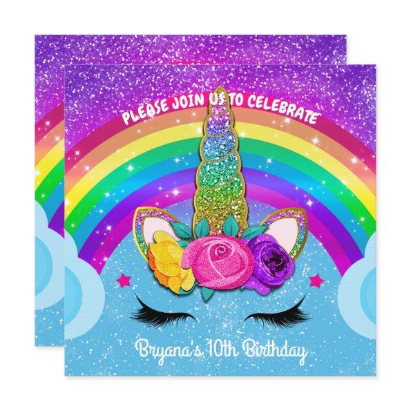 Rainbow Sparkle Glittery Unicorn Horn Face Party Invitations