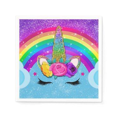 Rainbow Sparkle Glittery Unicorn Horn Face Party Napkins