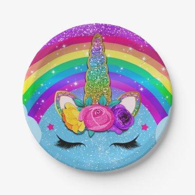 Rainbow Sparkle Glittery Unicorn Horn Face Party Paper Plates