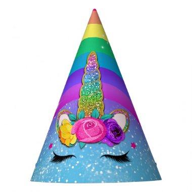 Rainbow Sparkle Glittery Unicorn Horn Face Party Party Hat