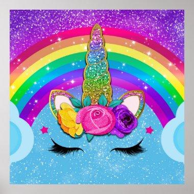 Rainbow Sparkle Glittery Unicorn Horn Face Party Poster