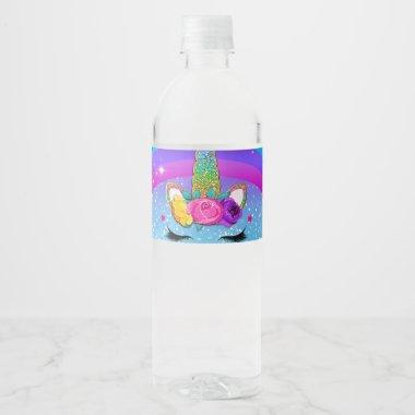Rainbow Sparkle Glittery Unicorn Horn Face Party Water Bottle Label