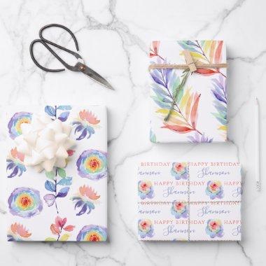 Rainbow Watercolor Floral Wrapping Paper Sheets