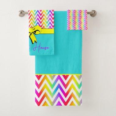 Rainbow White, Turquoise, Yellow Bow Personalized Bath Towel Set