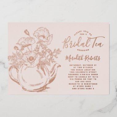 Real Rose Gold Floral Teapot Bridal Shower Tea Foil Invitations