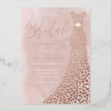 Real Rose Gold Gown Blush Watercolor Bridal Shower Foil Invitations