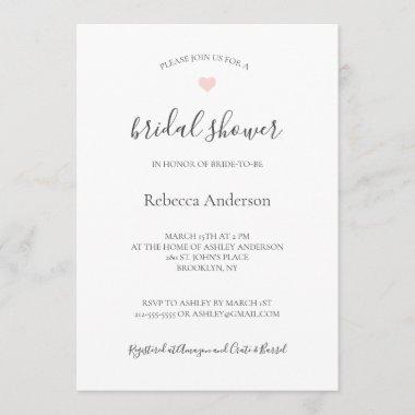 Rebecca Pink Heart Gray Calligraphy Bridal Shower Invitations