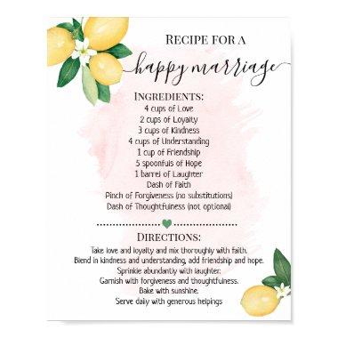 Recipe for a Happy Marriage Lemon Pink Shower Gift Poster