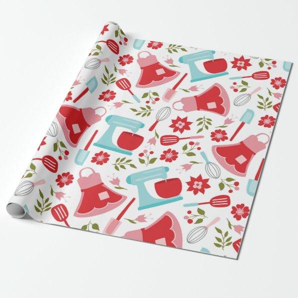 Red and Blue Vintage Kitchen Pattern Wrapping Paper