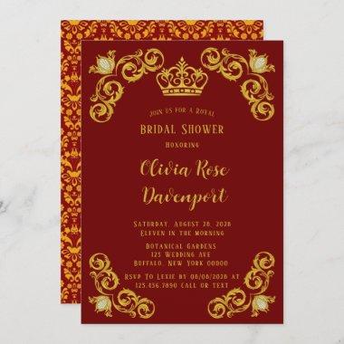 Red and Gold Royal Crown Damask Bridal Shower Invitations