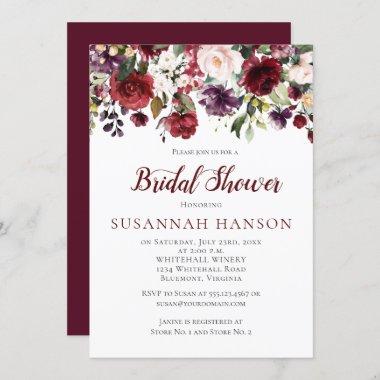 Red and Purple Floral Bouquet Drop Bridal Shower Invitations