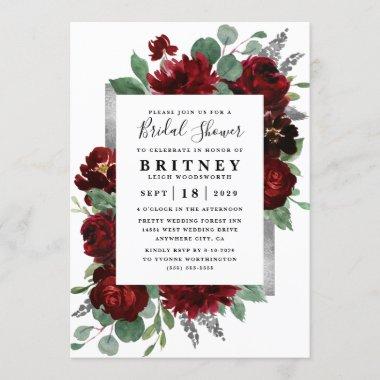 Red and Silver Country Burgundy Rose Bridal Shower Invitations