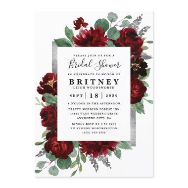 Red and Silver Country Burgundy Rose Bridal Shower Invitations