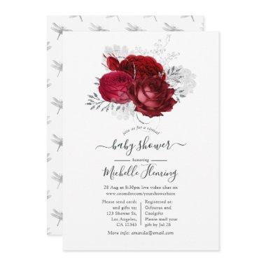 Red and Silver Floral Virtual Shower Invitations