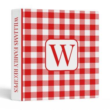 Red and White Buffalo Plaid Monogram Recipe 3 Ring Binder