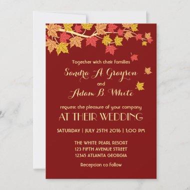 Red Autumn Maple Leaves Fall Wedding Invitations
