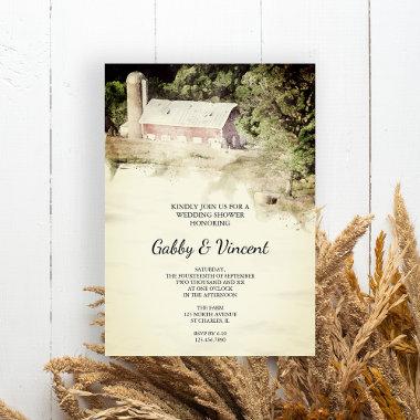 Red Barn and Silo Farm Watercolor Wedding Shower Invitations