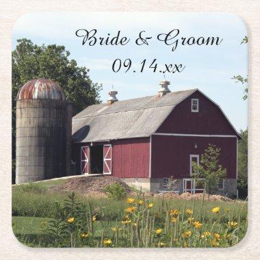 Red Barn Country Wedding Square Paper Coaster