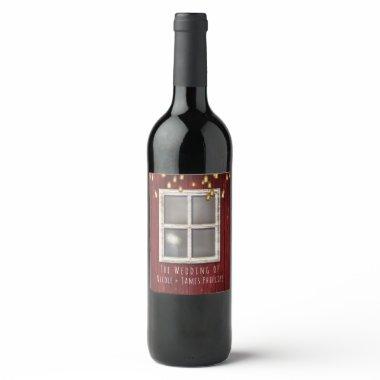 Red Barn Window & Lights Rustic Wedding Wine Label