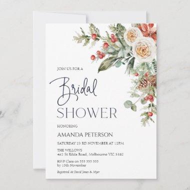 Red Berries Winter Floral Bridal Shower Invitations
