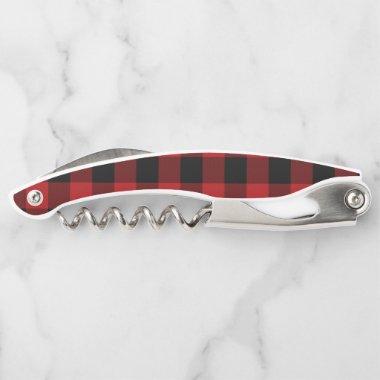 Red & Black Buffalo Plaid Checker Squares Rustic Waiter's Corkscrew