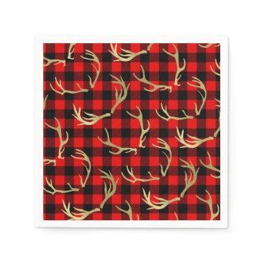 Red & Black Buffalo Plaid & Gold Deer Antlers Napkins