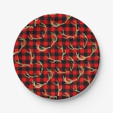 Red & Black Buffalo Plaid & Gold Deer Antlers Paper Plates