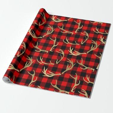 Red & Black Buffalo Plaid & Gold Deer Antlers Wrapping Paper