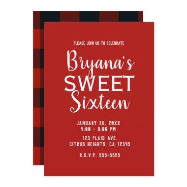 Red & Black Buffalo Plaid Sweet 16 Birthday Party Invitations