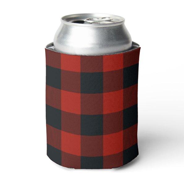 Red & Black Checkered Squares Buffalo Plaid Can Cooler
