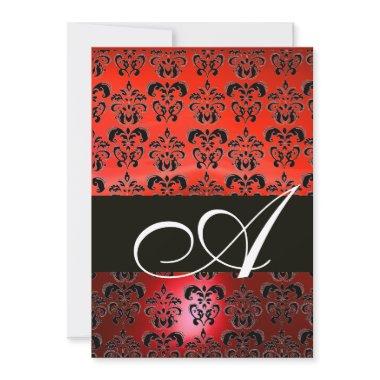 RED BLACK DAMASK MONOGRAM ,bright white Invitations