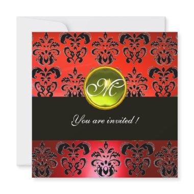 RED BLACK DAMASK MONOGRAM, yellow topaz Invitations