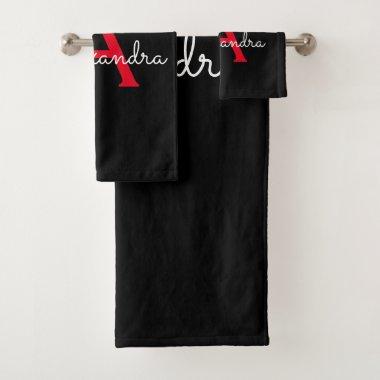 Red Black Girly Script Monogram Name Bath Towel Set