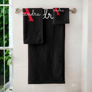 Red Black Girly Script Monogram Name Bath Towel Set