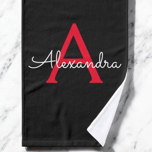 Red Black Girly Script Monogram Name Hand Towel