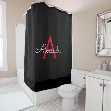 Red Black Girly Script Monogram Name Modern Shower Curtain