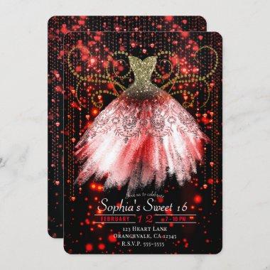 Red Black Gold Glitter Dress Sweet 16 Party Invitations