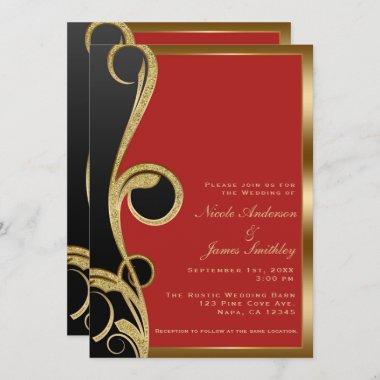 Red Black & Gold Modern Glam Elegant Swirl Wedding Invitations