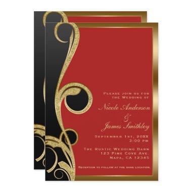 Red Black & Gold Modern Glam Elegant Swirl Wedding Invitations