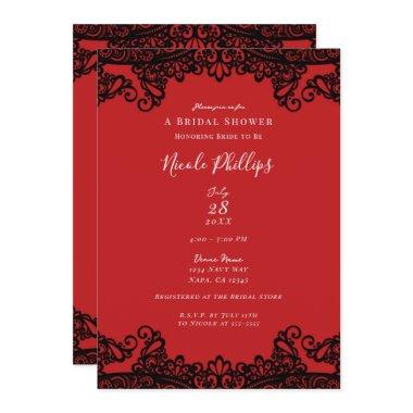 Red & Black Lace Elegant Chic Bridal Shower   Invitations