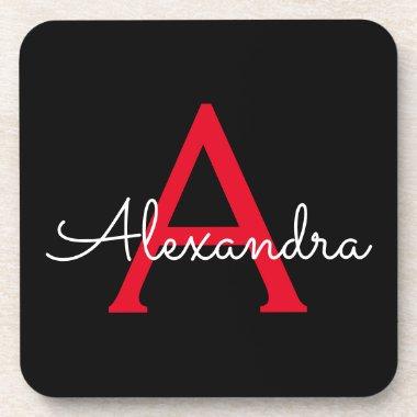 Red Black Script Girly Monogram Name Beverage Coaster