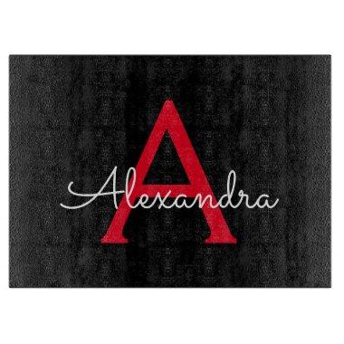 Red Black Script Girly Monogram Name Cutting Board