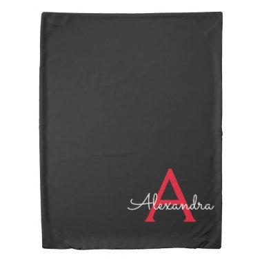 Red Black Script Girly Monogram Name Duvet Cover