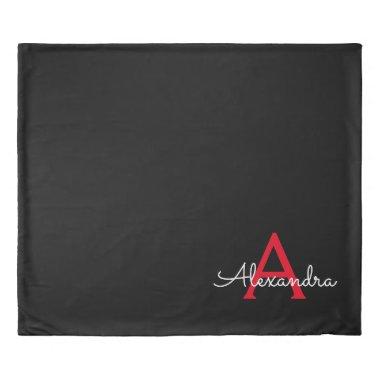 Red Black Script Girly Monogram Name Duvet Cover