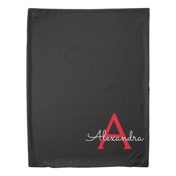 Red Black Script Girly Monogram Name Duvet Cover